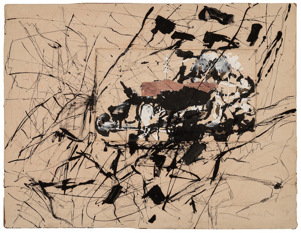 Perle Fine, Perle Fine, 1959
Oil with collage on paper, 20 x 26 in.
Oil, ink, and collage on paper
FIN002
